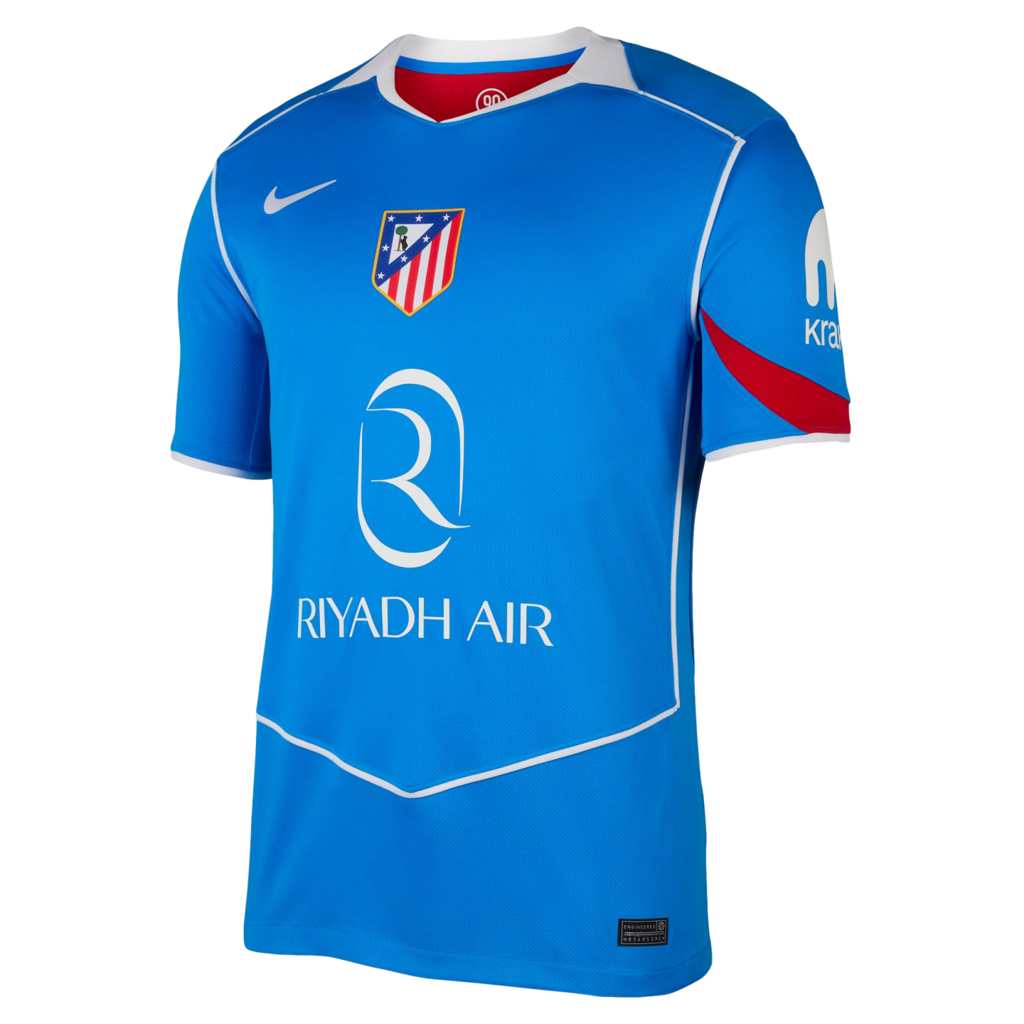 A blue Nike Atletico Madrid soccer jersey featuring white piping, the club crest, and the Riyadh Air sponsor logo.