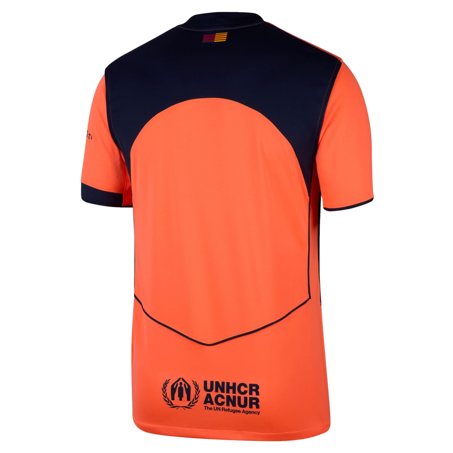 Back view of an orange and navy blue athletic jersey featuring a small striped flag at the collar and the UNHCR ACNUR logo on the lower back.