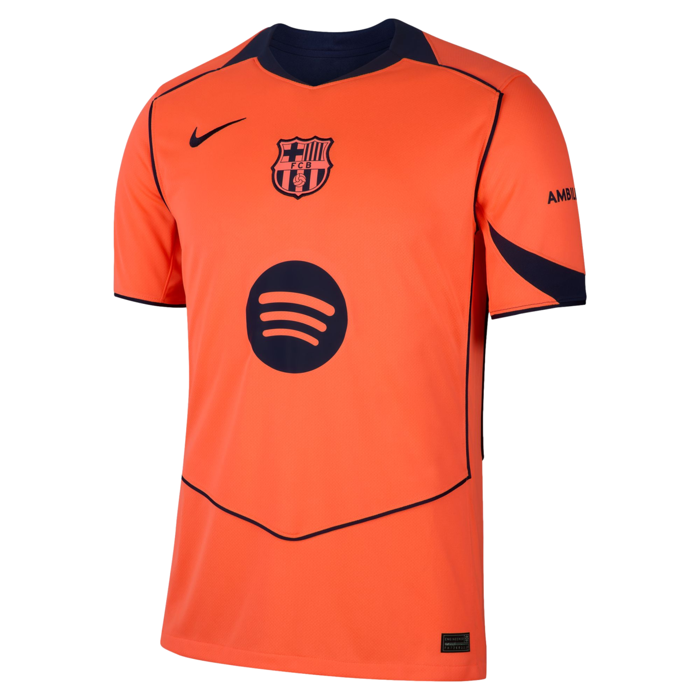 Orange Nike FC Barcelona soccer jersey with navy blue accents, featuring the club crest and Spotify logo on the chest.
