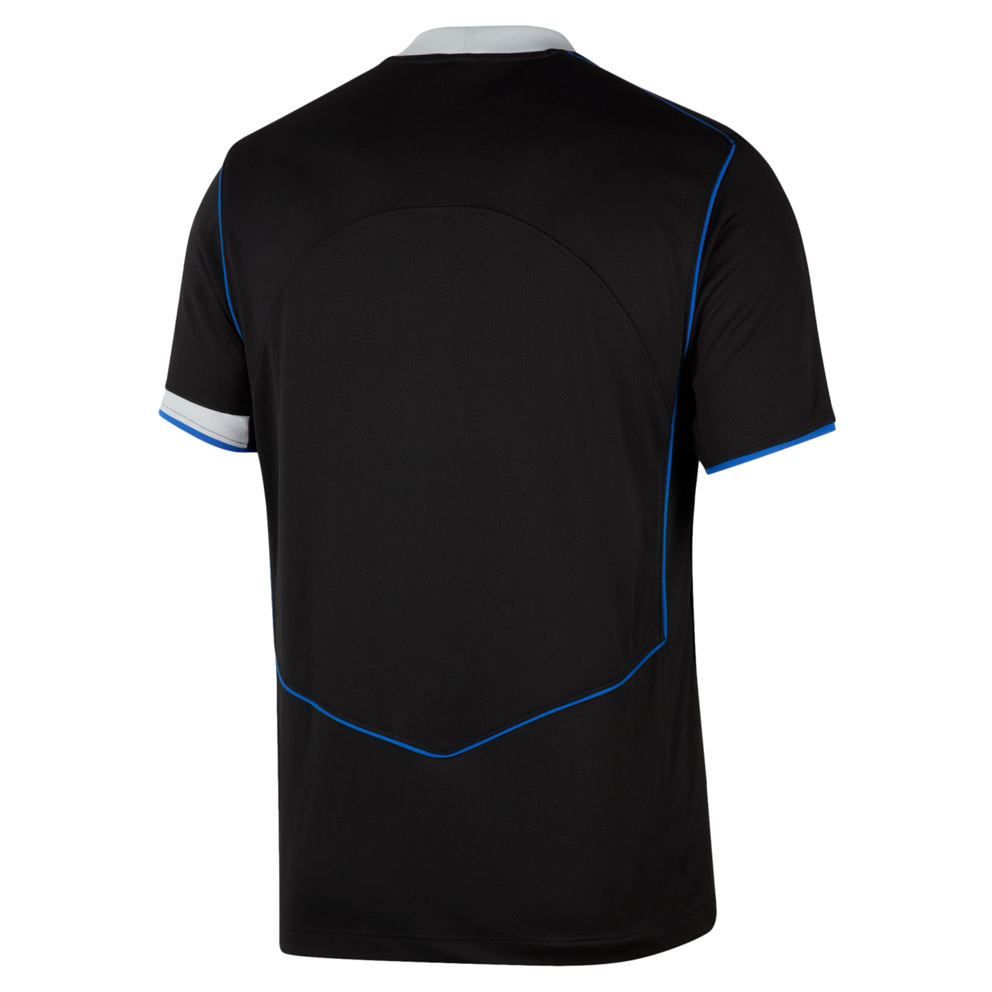 Back view of a black short-sleeved sports jersey with blue piping details, a white collar, and white sleeve trim.