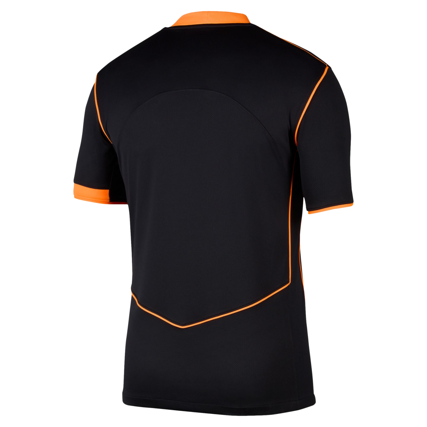 Back view of a black short-sleeved athletic jersey featuring bright orange piping and trim on the collar, sleeves, and back seams.