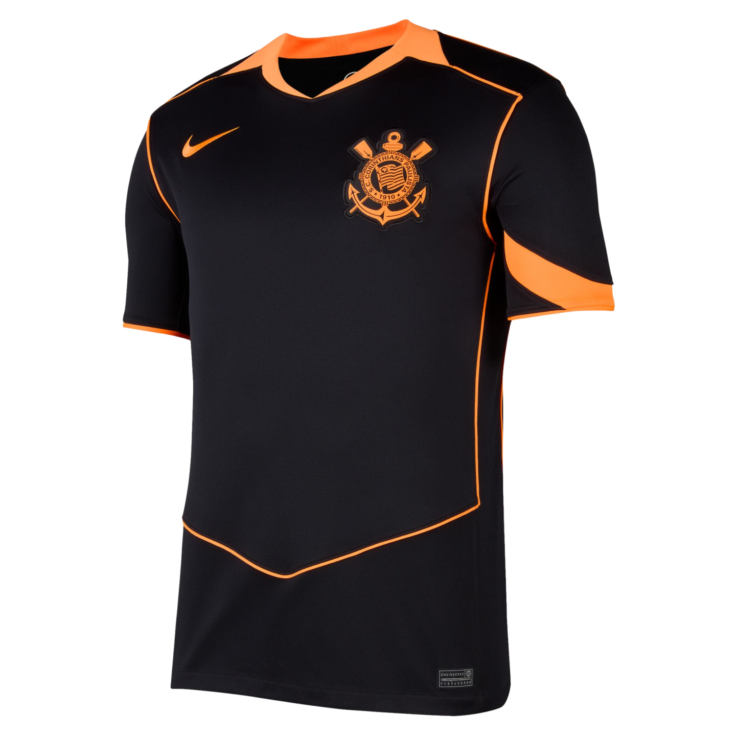 A black Nike soccer jersey with orange accents, featuring the S.C. Corinthians Paulista club crest on the chest and an orange V-neck collar.