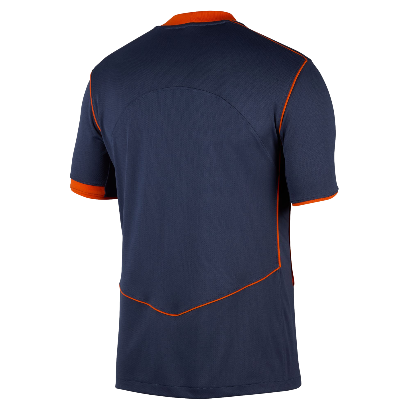 Back view of a navy blue short-sleeved sports jersey with bright orange piping along the shoulders, sleeve cuffs, and lower back.