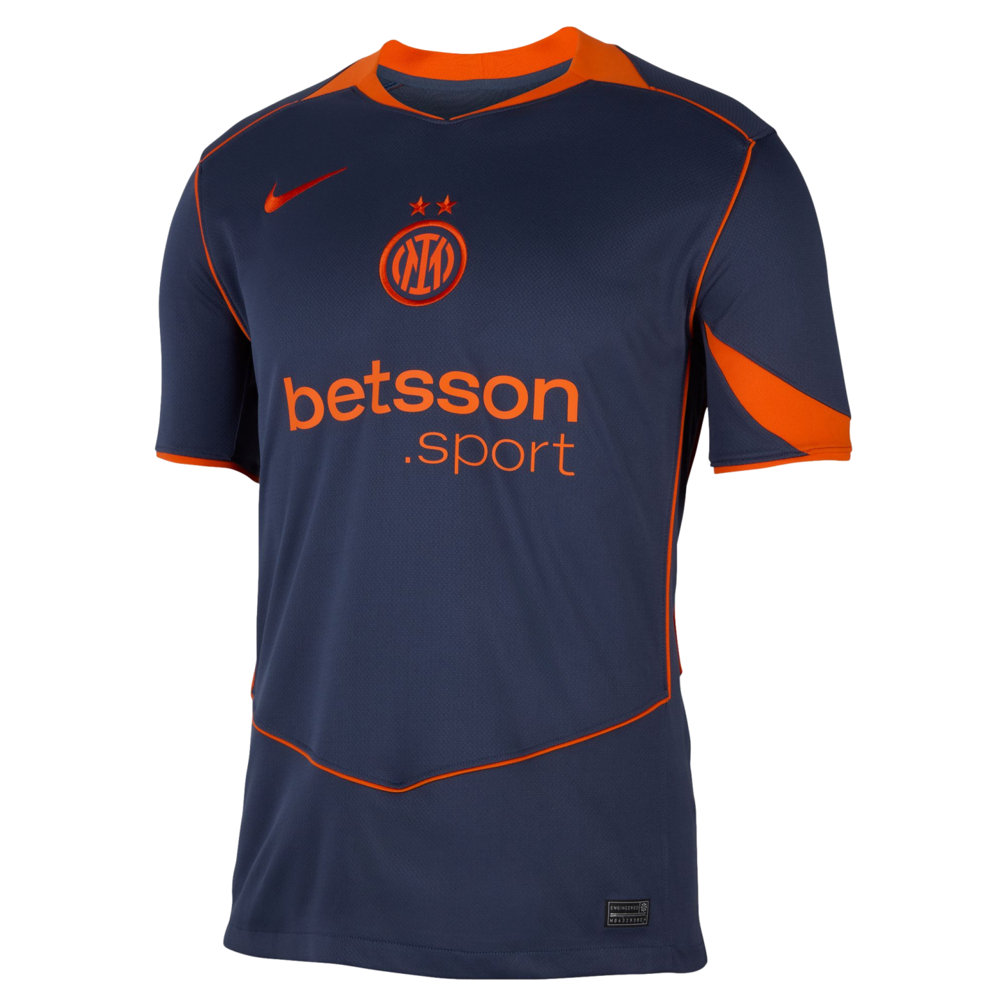Dark blue Inter Milan soccer jersey with orange accents. Features the Nike swoosh, team crest with two stars, and "betsson.sport" sponsor logo, all in vibrant orange.