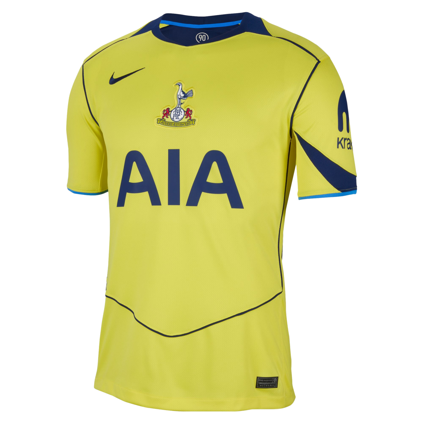 Bright yellow Nike Tottenham Hotspur football jersey with navy blue trim, featuring a centered club crest, AIA sponsor logo, and Kraken branding on the sleeve.