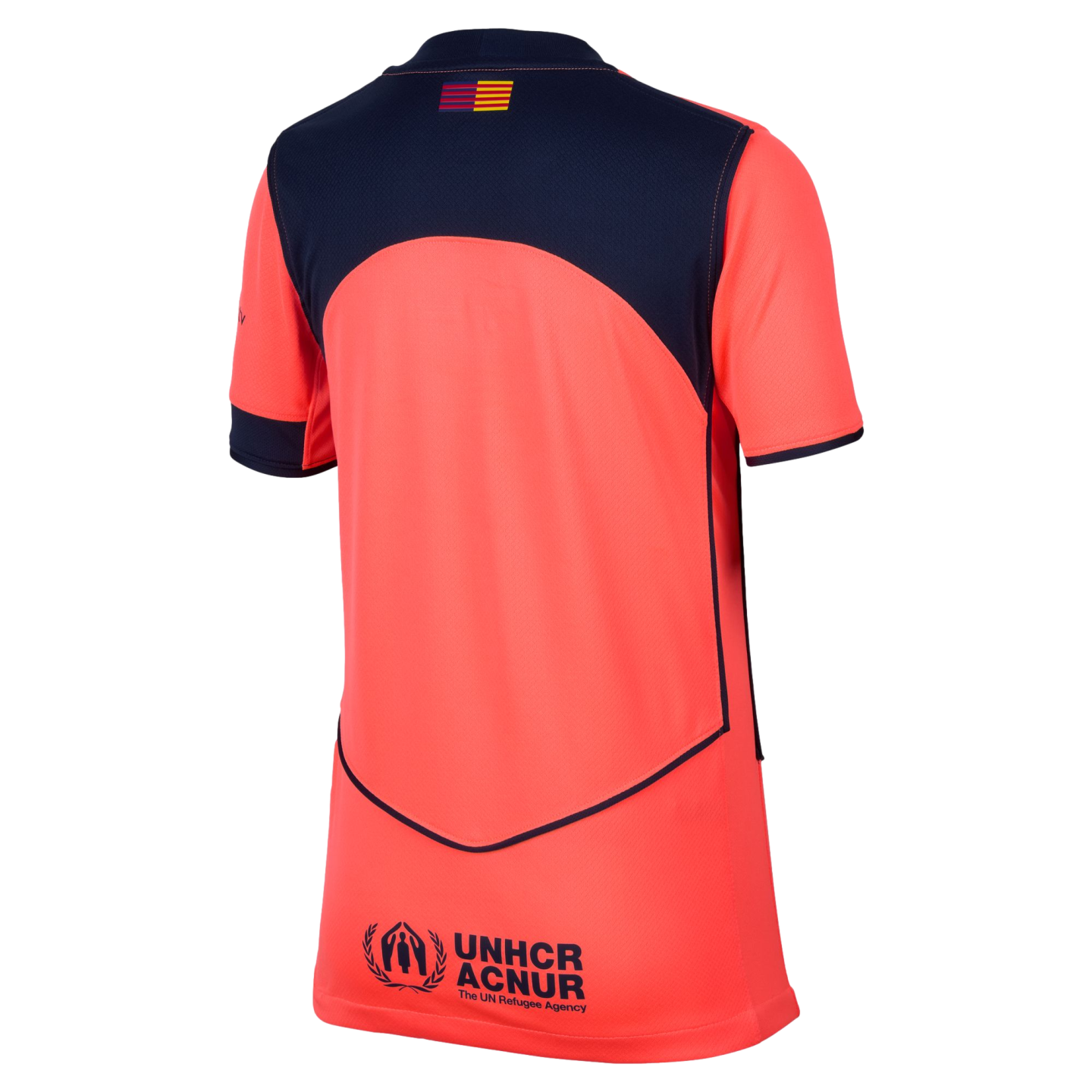 Back view of a coral sports jersey with a navy blue arched shoulder panel and sleeve cuffs. A UNHCR ACNUR logo is printed on the lower back.
