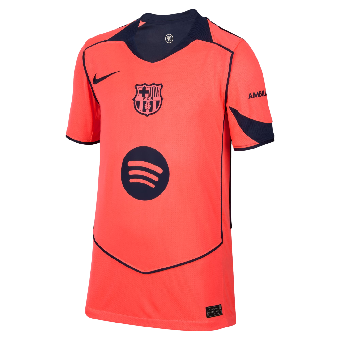 Bright orange FC Barcelona soccer jersey featuring navy accents, the club crest, a Nike logo, and a large Spotify sponsor logo.