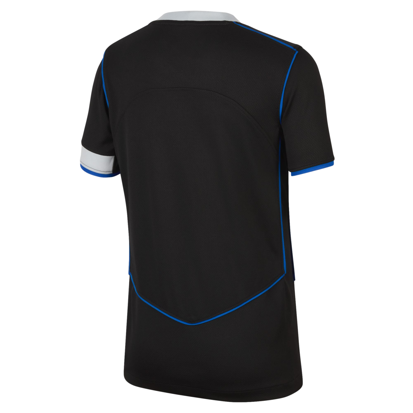 Back view of a black short-sleeved sports jersey featuring thin blue piping, a white collar, and blue and white accents on the sleeves.