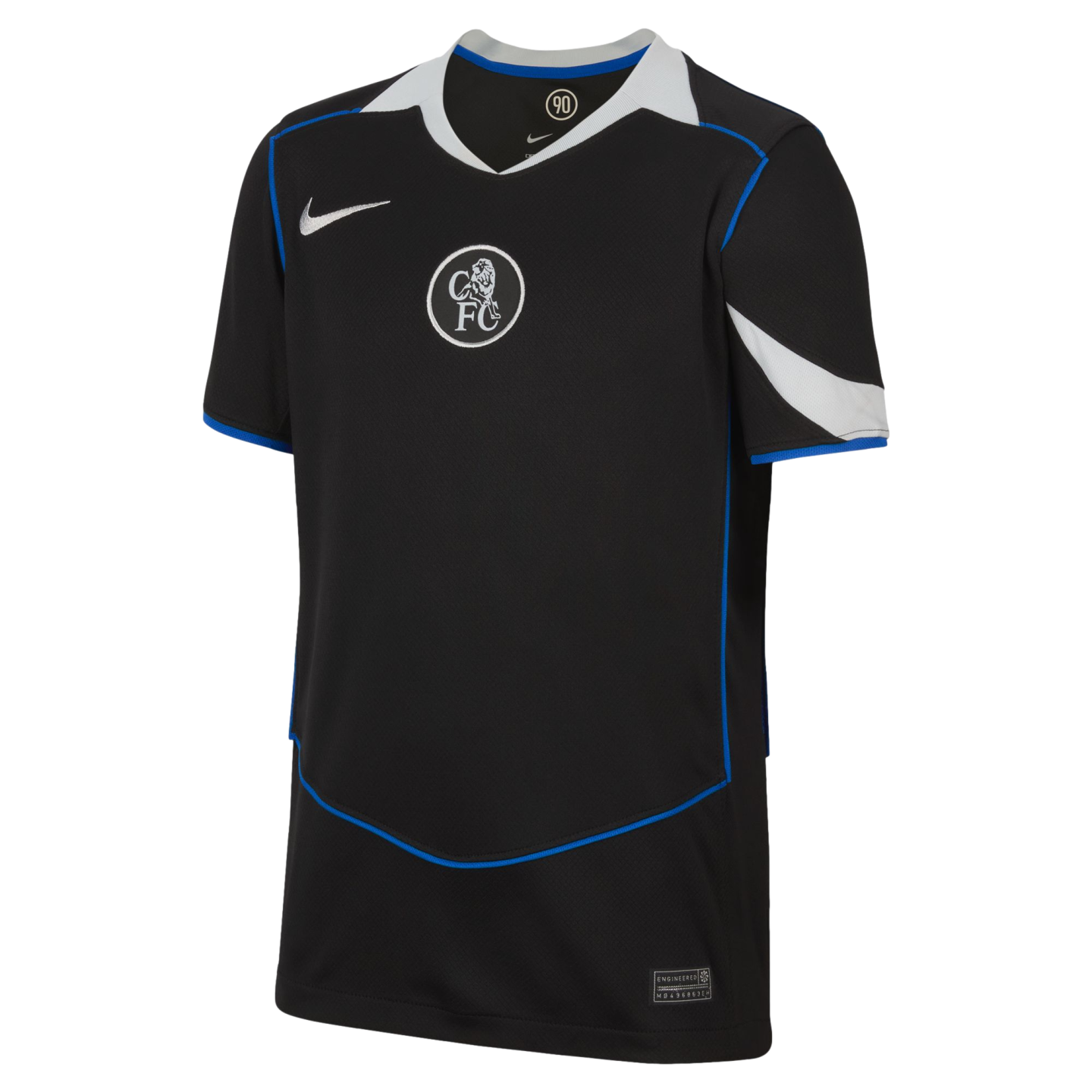 Black Chelsea FC Nike Total 90 football jersey with white trim, a centered circular club crest, and blue piping details.