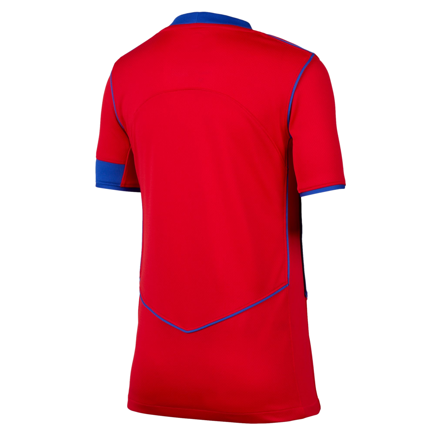 The back view of a short-sleeved red sports jersey with blue trim on the collar, sleeve ends, and a V-shaped seam detail on the lower back, shown against a black background.