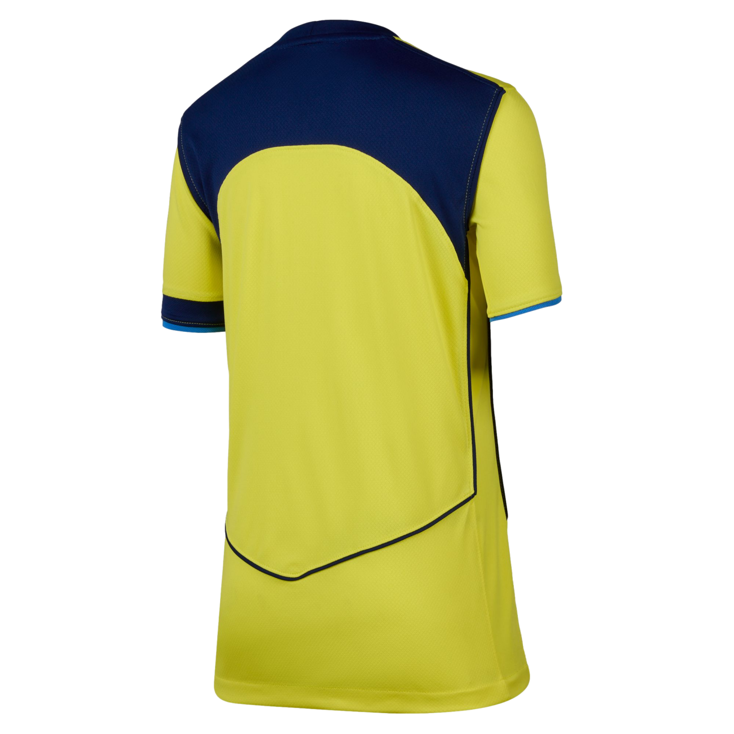 Rear view of a short-sleeved yellow athletic jersey featuring navy blue upper panels and V-shaped navy piping on the lower back.