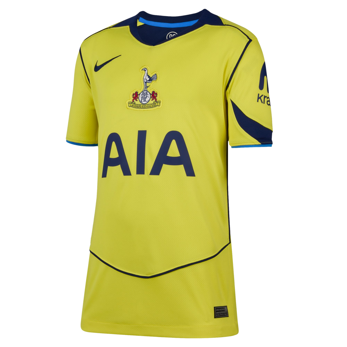 A yellow Tottenham Hotspur football jersey with navy blue accents, featuring the central club crest, a Nike swoosh, and the AIA sponsor logo across the chest.
