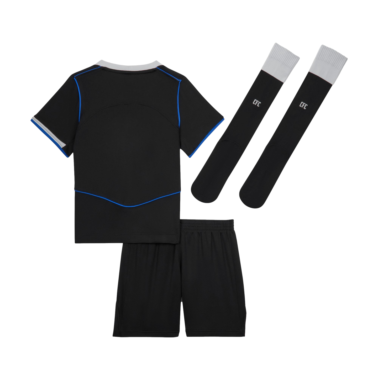 A three-piece black football kit featuring the back of a jersey with blue trim and white collar, matching shorts, and black socks with white tops and "CFC" branding.