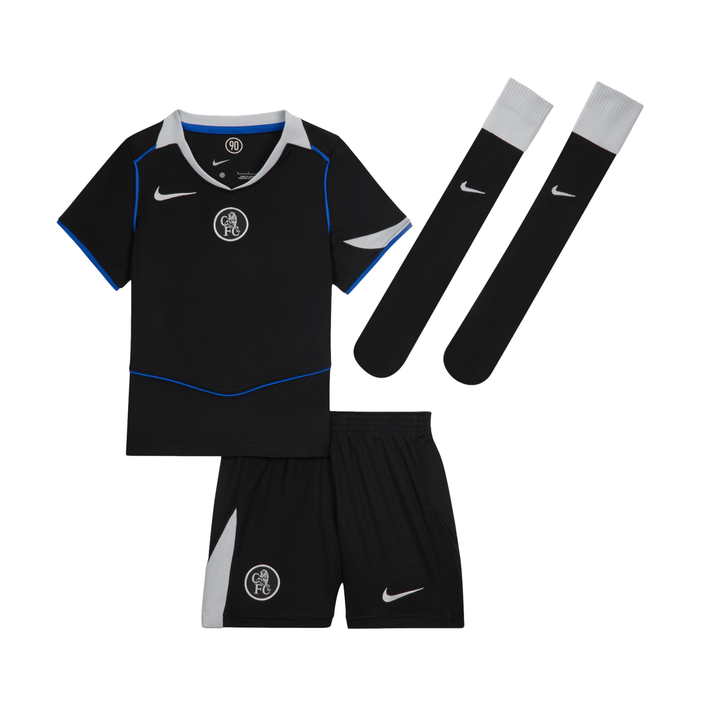 Kids' black Nike Chelsea FC football kit featuring a jersey, shorts, and socks with blue and silver accents, showcasing the club crest and white Nike logos.