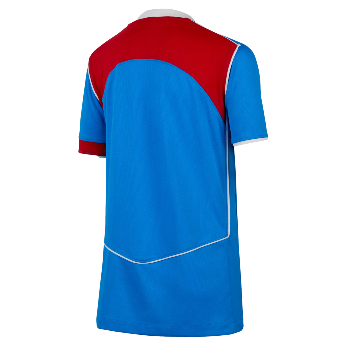 Back view of a blue soccer jersey with a large red upper panel, white piping accents, and a white collar.