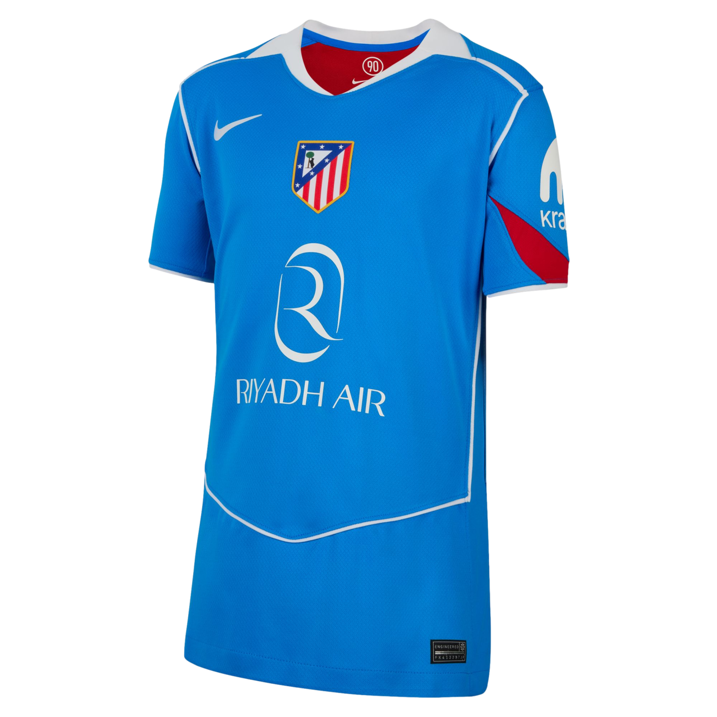 A bright blue Atlético Madrid soccer jersey by Nike featuring the Riyadh Air sponsor logo, white trim, and red accents in a classic Total 90 design.