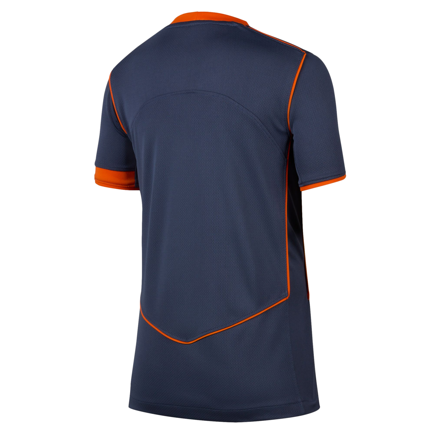 Rear view of a navy blue short-sleeve sports jersey with orange trim on the collar, cuffs, and back seams.