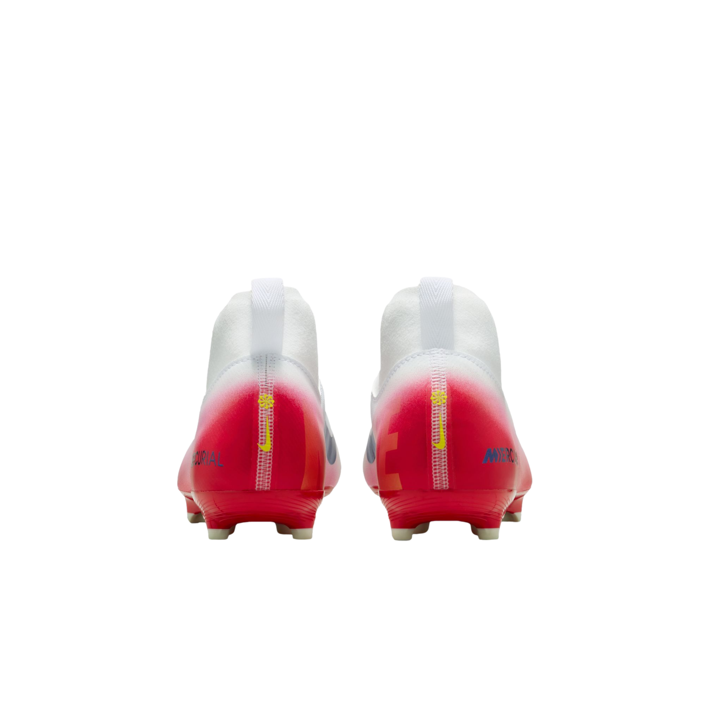 Rear view of white and red Nike Mercurial soccer cleats against a black background.