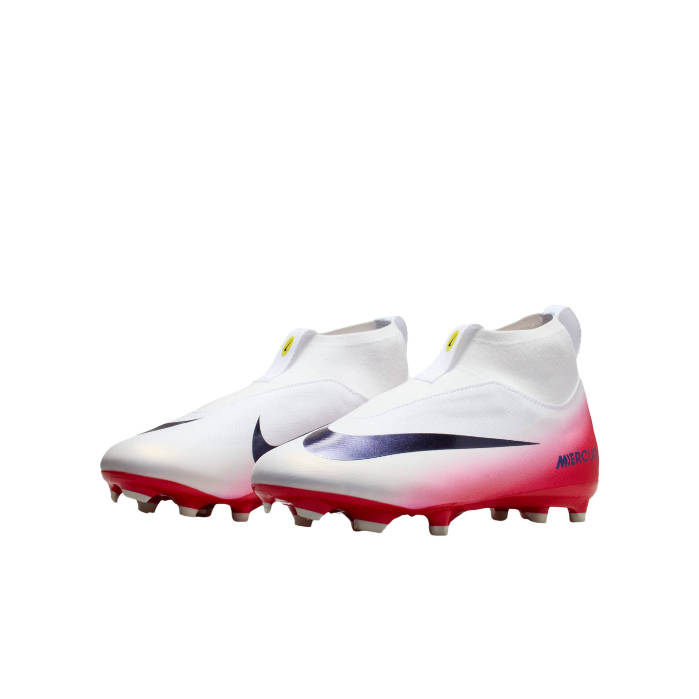 White Nike Mercurial soccer cleats with a pink gradient heel and navy swoosh, on a black background.