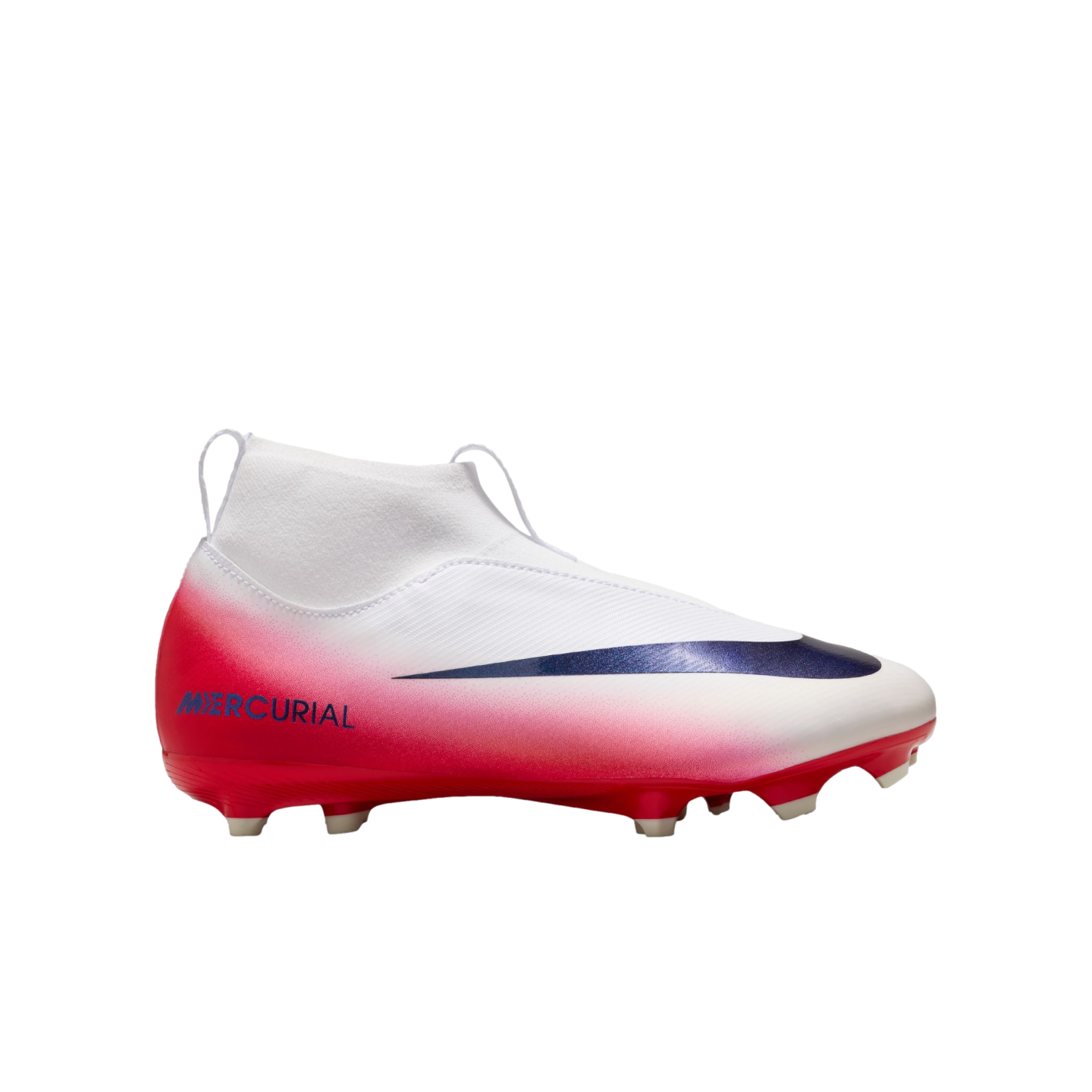 A white and red Nike Mercurial soccer cleat with a blue swoosh and high-top collar, shown from the side against a black background.