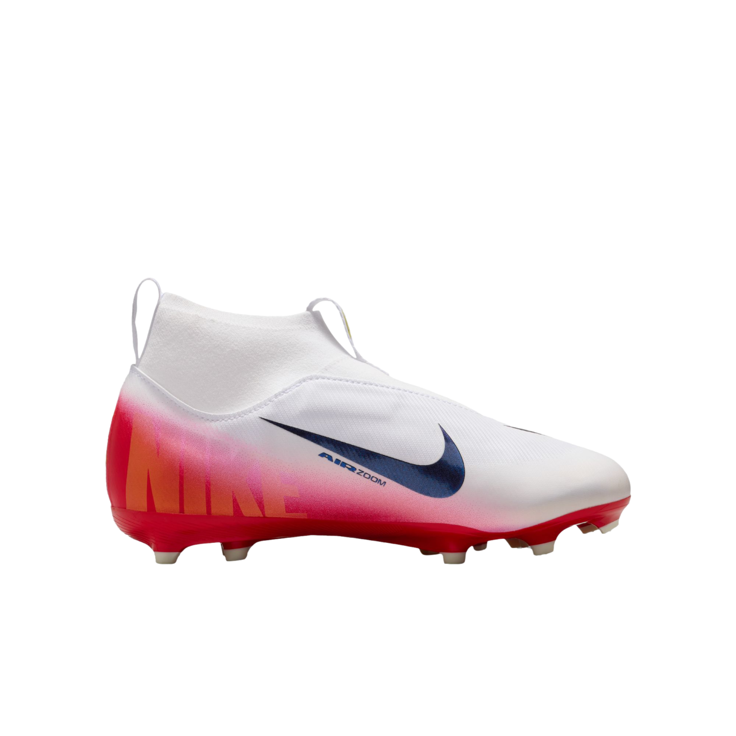 A white Nike soccer cleat with a red-pink gradient heel featuring large "NIKE" text, a dark blue swoosh, and a white high-top collar.