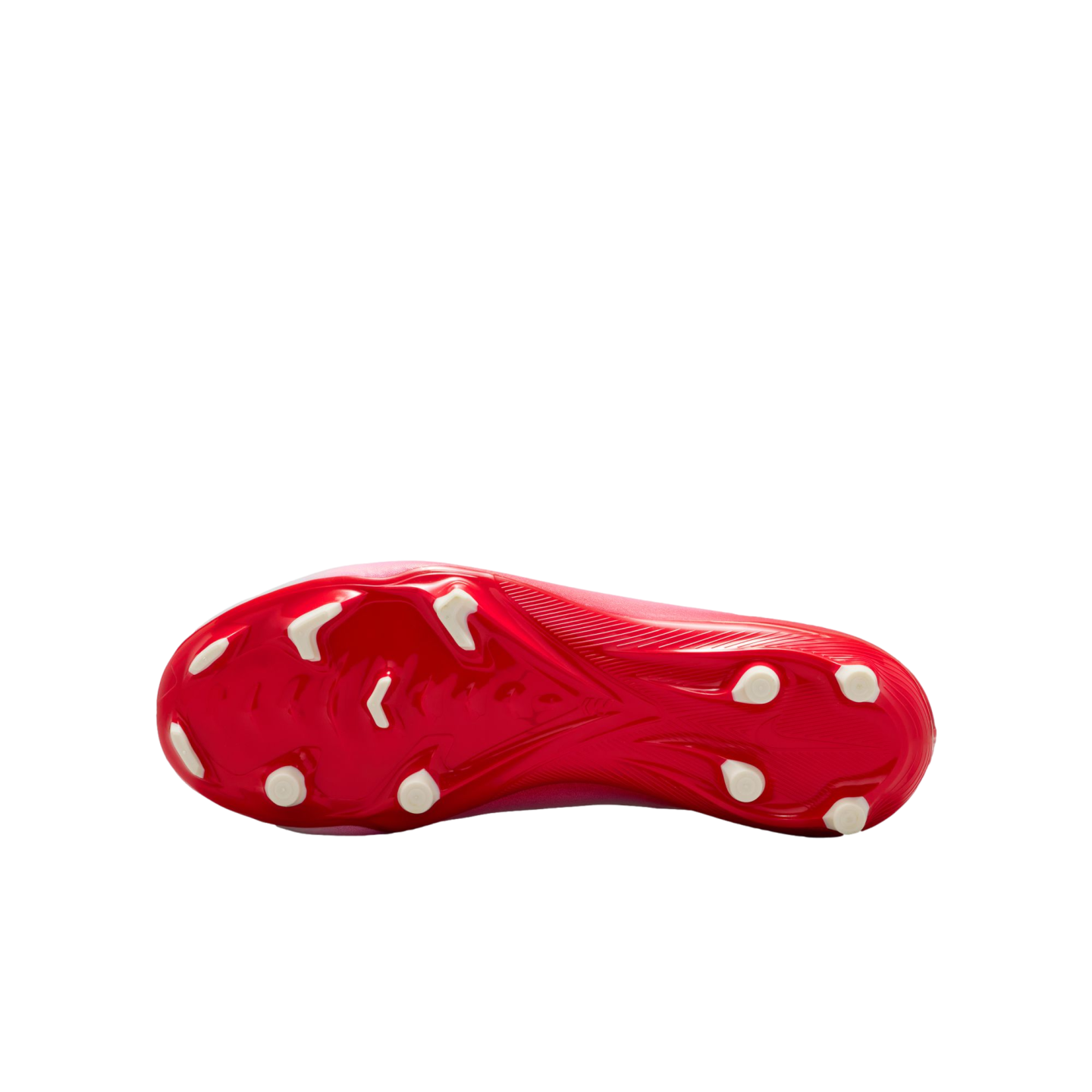 Underside view of a red soccer cleat with white studs against a solid black background, showcasing a textured soleplate.