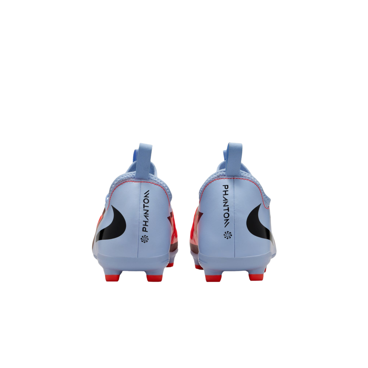 Rear view of light blue Nike Phantom soccer cleats with red studs and black branding on a black background.