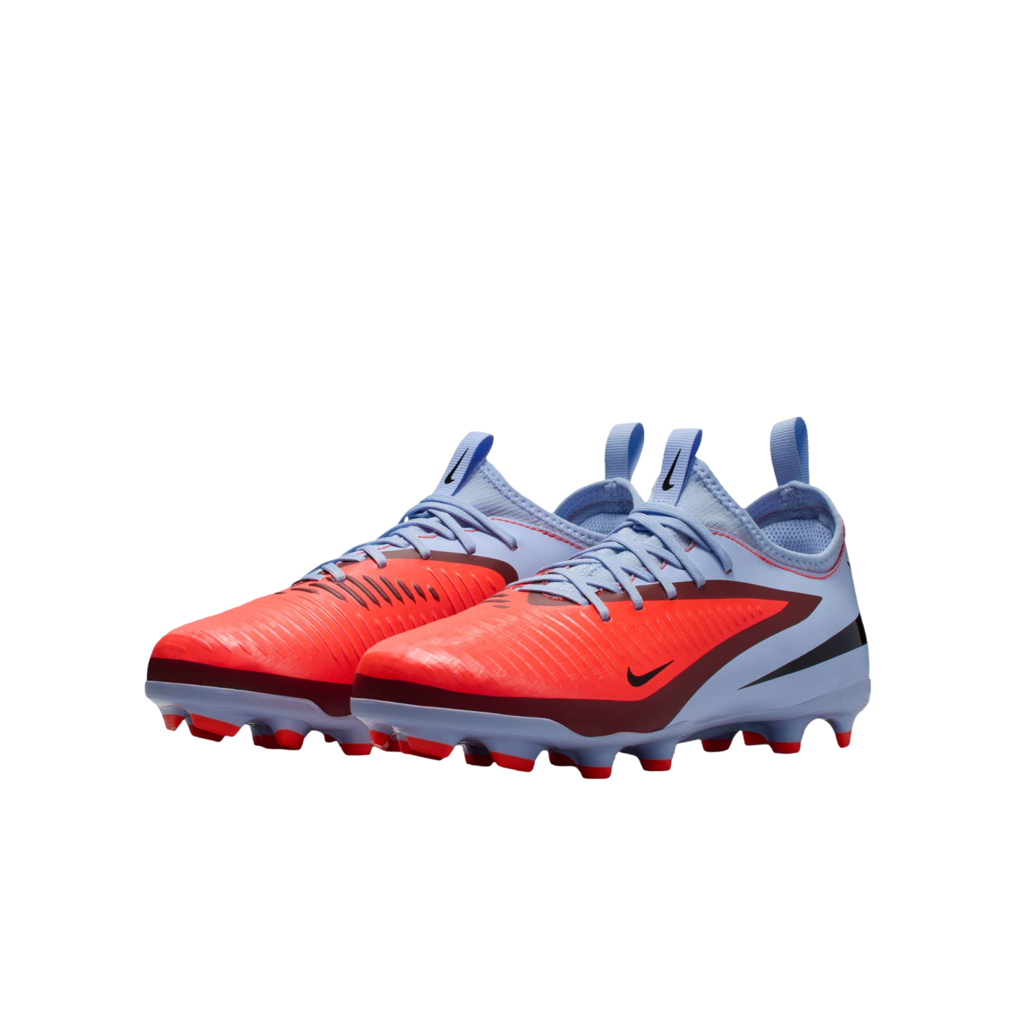 Pair of light blue and bright orange Nike soccer cleats with textured uppers and orange studs, set against a solid black background.