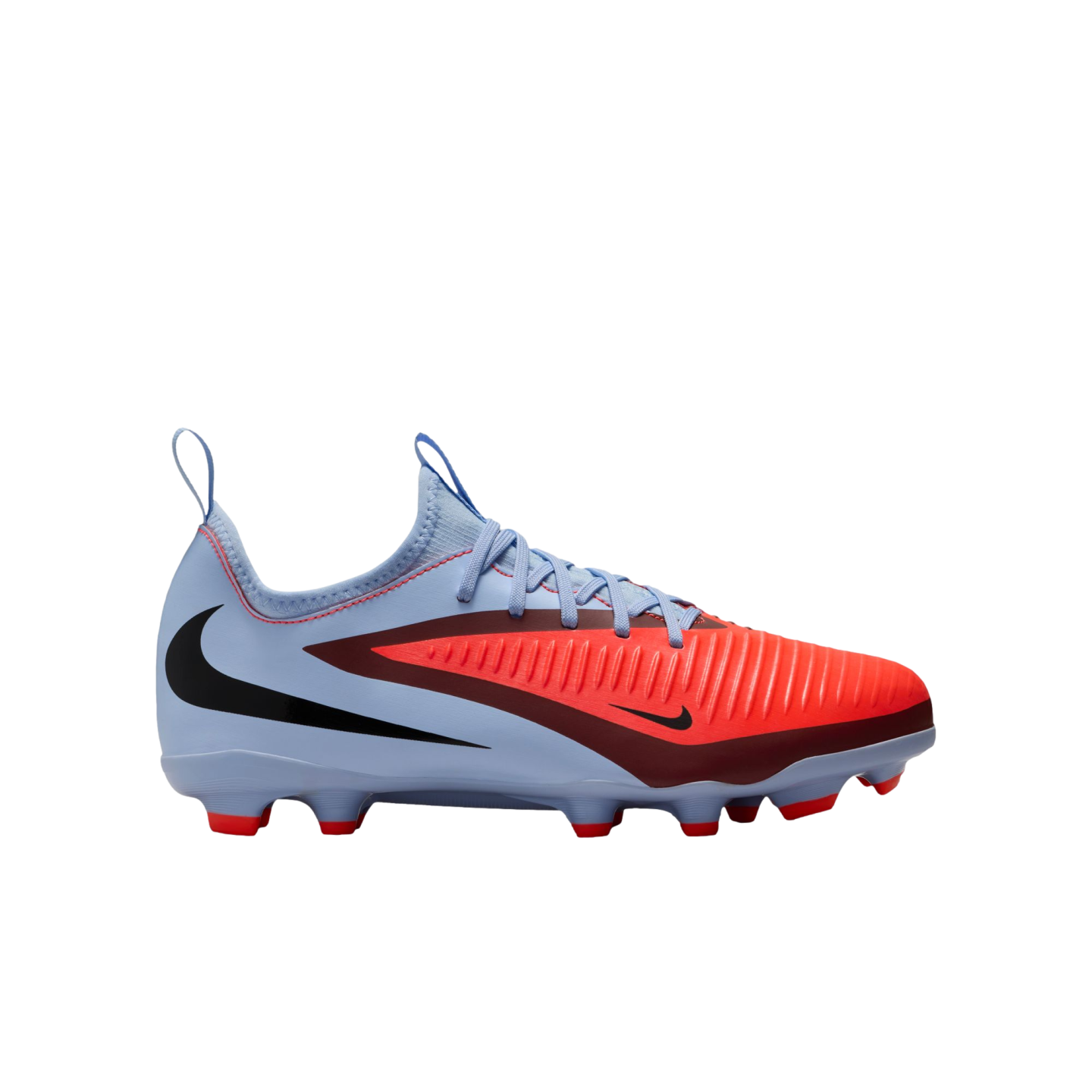 Light blue and bright orange Nike soccer cleat shown in profile against a black background. A large black Nike swoosh is on the heel and a smaller black swoosh is on the toe.