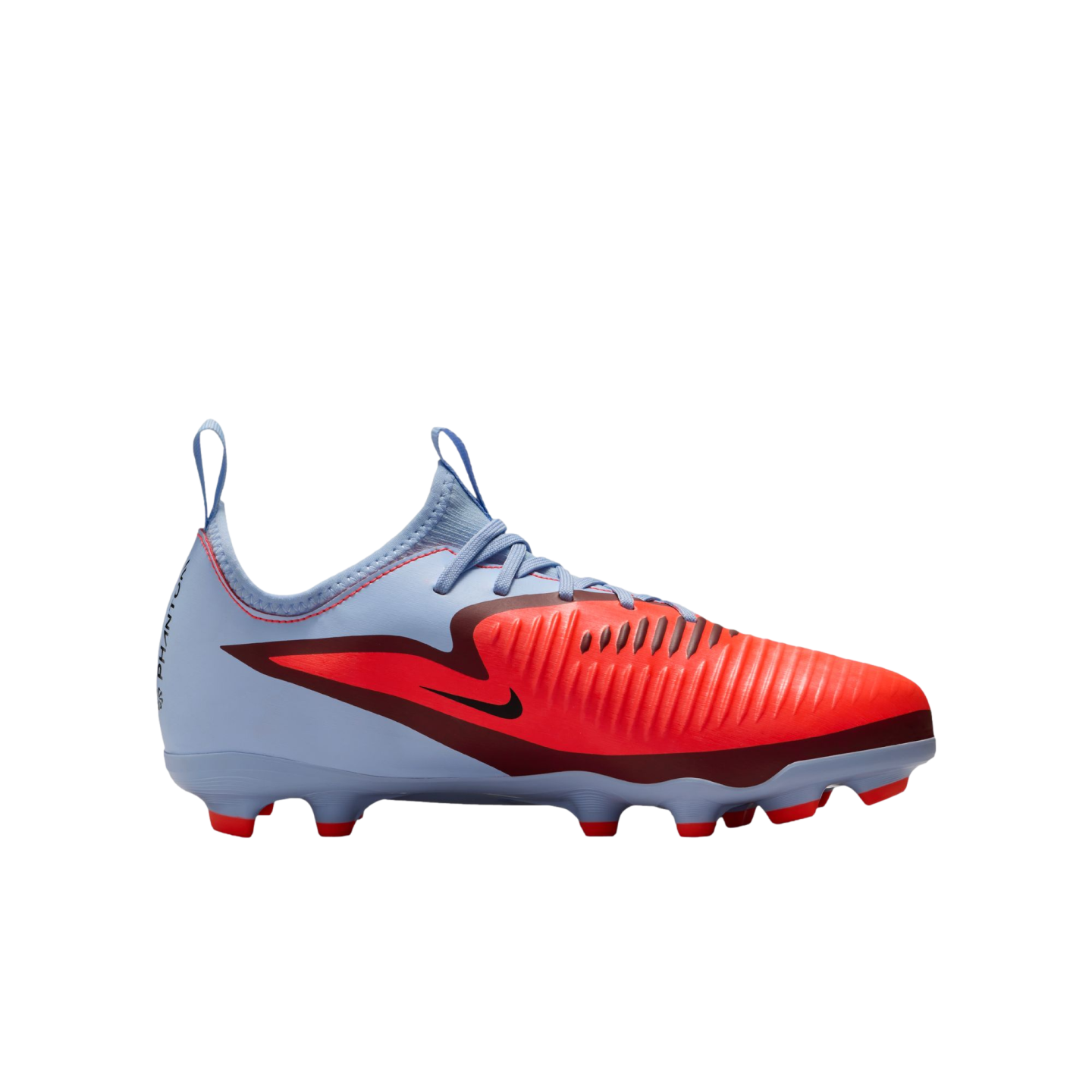 A profile shot of a Nike soccer cleat with light blue, bright red, and dark burgundy accents, set against a solid black background.
