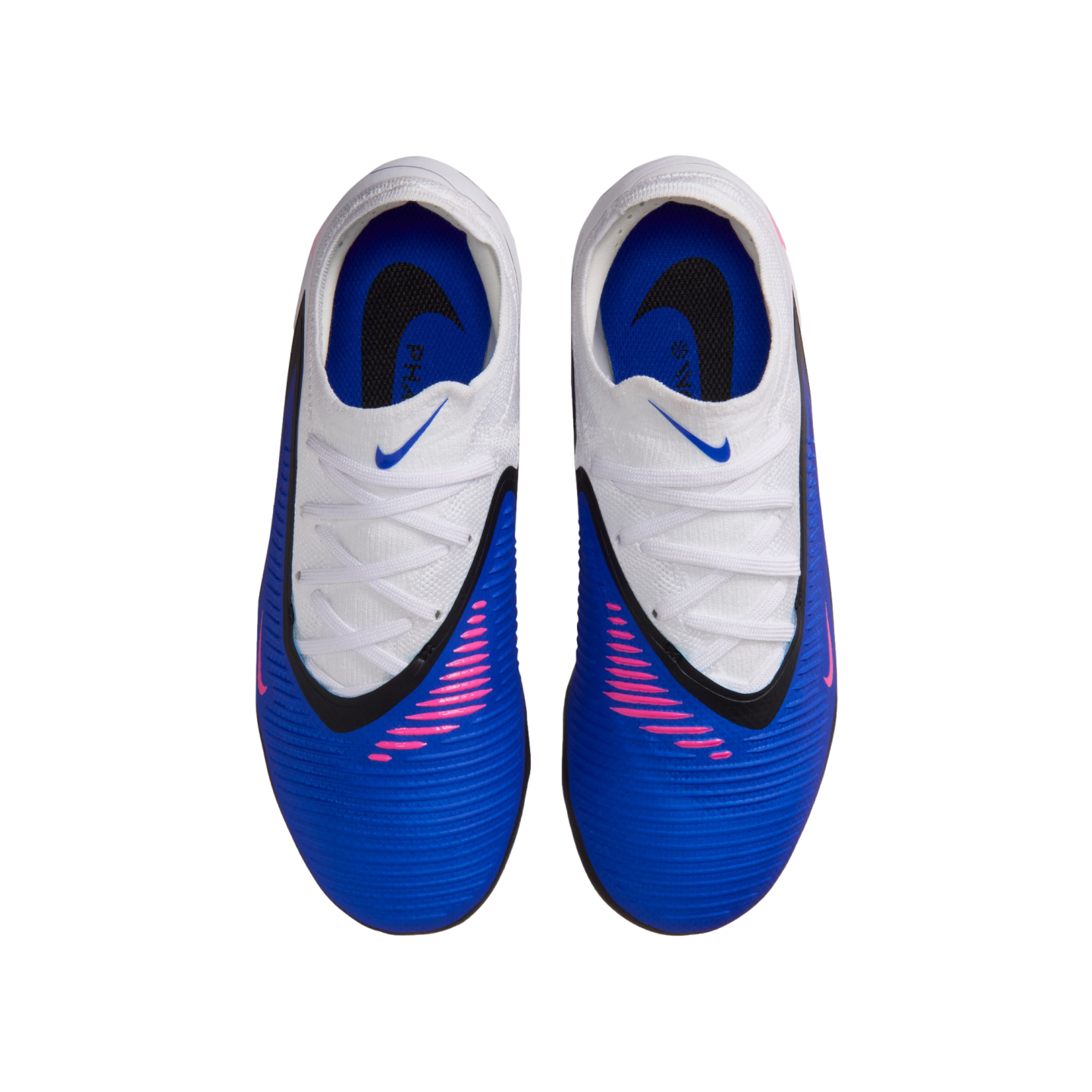 Top-down view of blue and white Nike soccer cleats featuring pink diagonal stripes, white laces, and blue insoles on a black background.