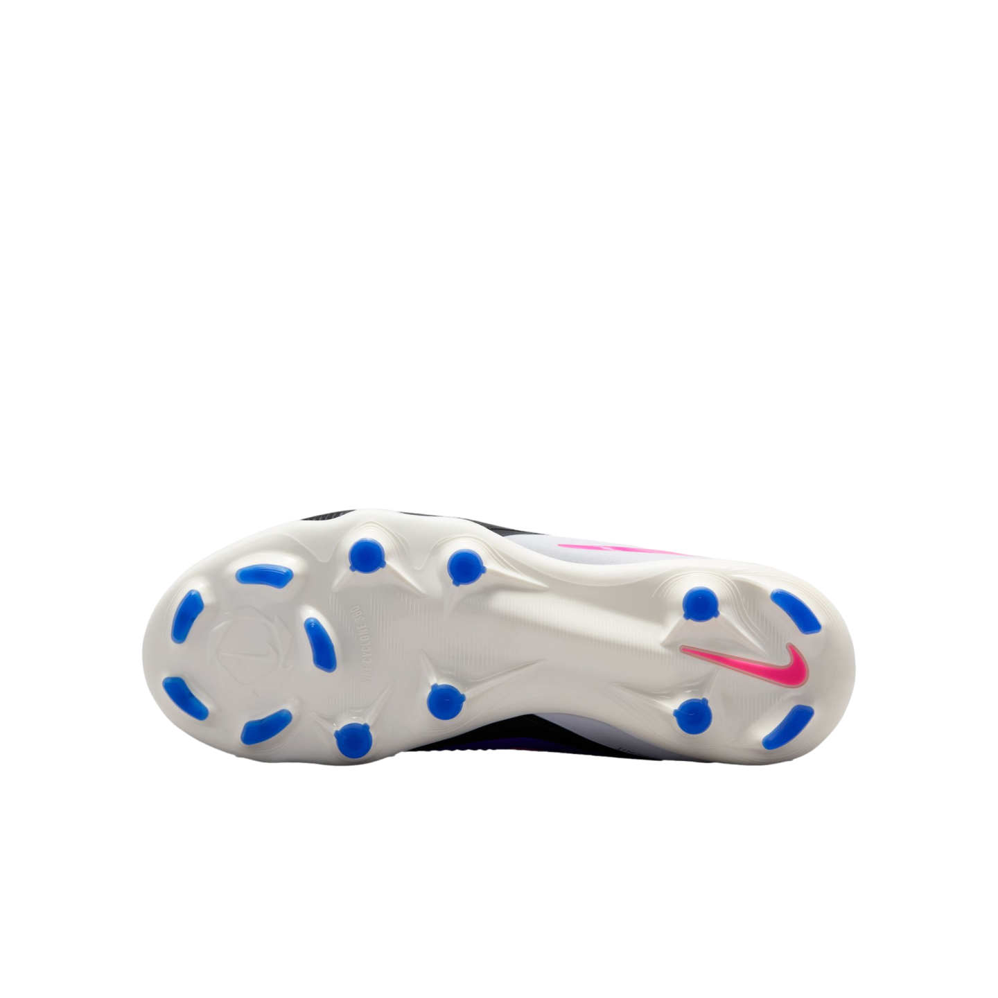 Bottom view of a white Nike soccer cleat showing blue studs and a pink Nike swoosh logo against a black background.