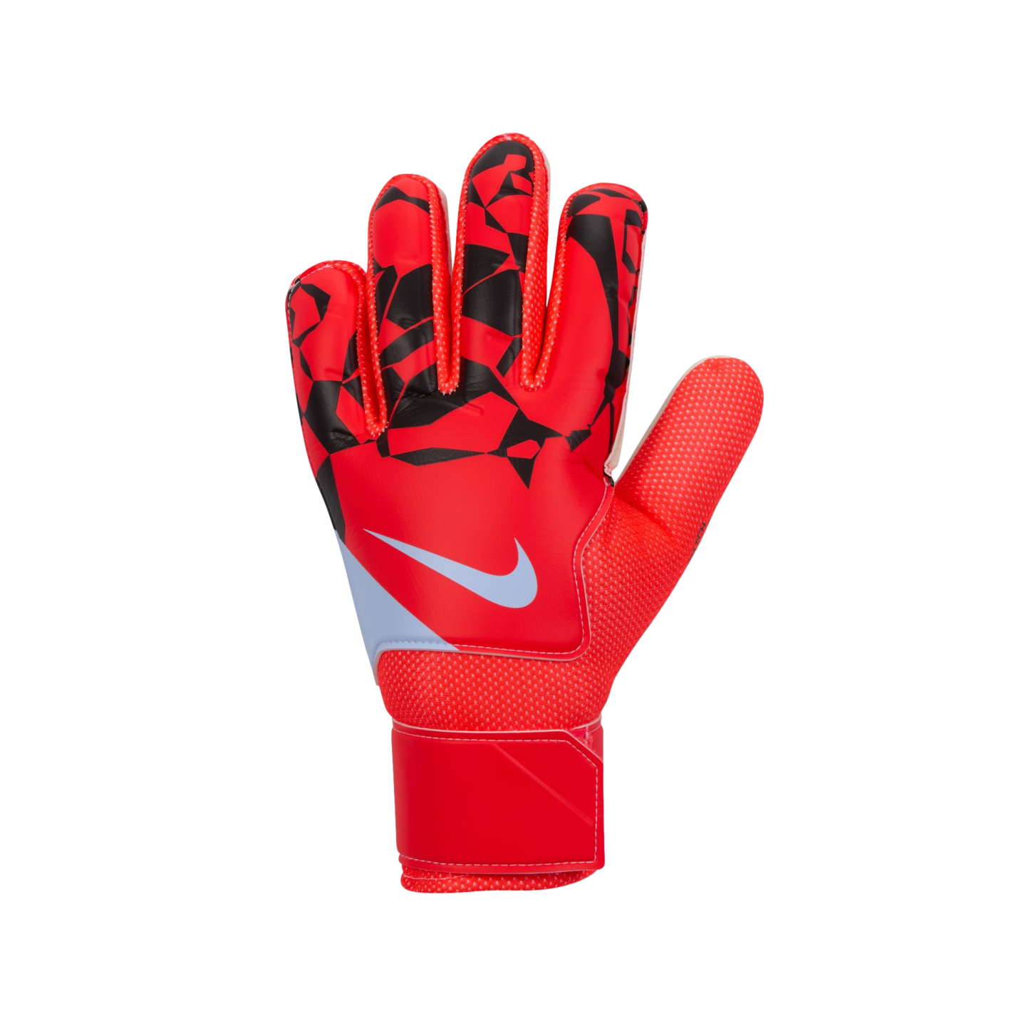 A red Nike goalkeeper glove with black geometric patterns on the fingers and a white swoosh logo, set against a solid black background.