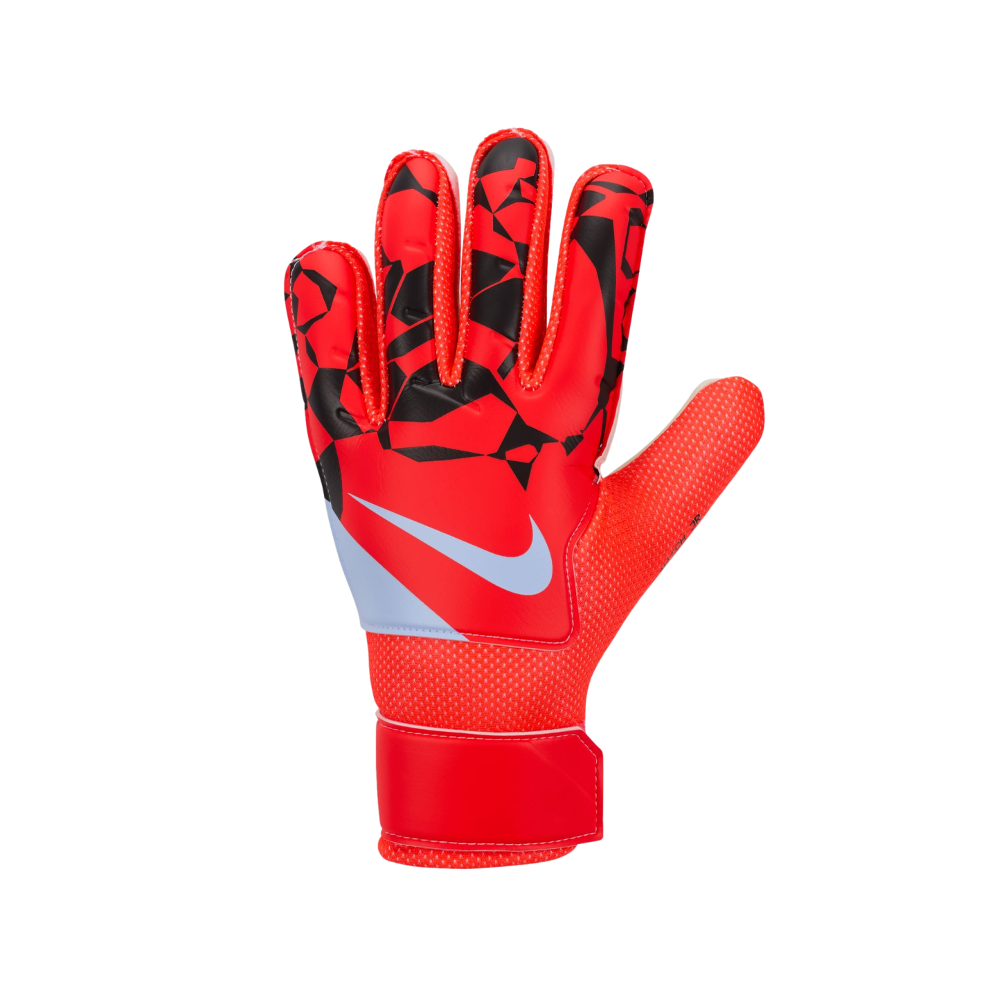 A red and black Nike goalkeeper glove featuring a geometric pattern on the fingers and a white swoosh logo, displayed against a solid black background.