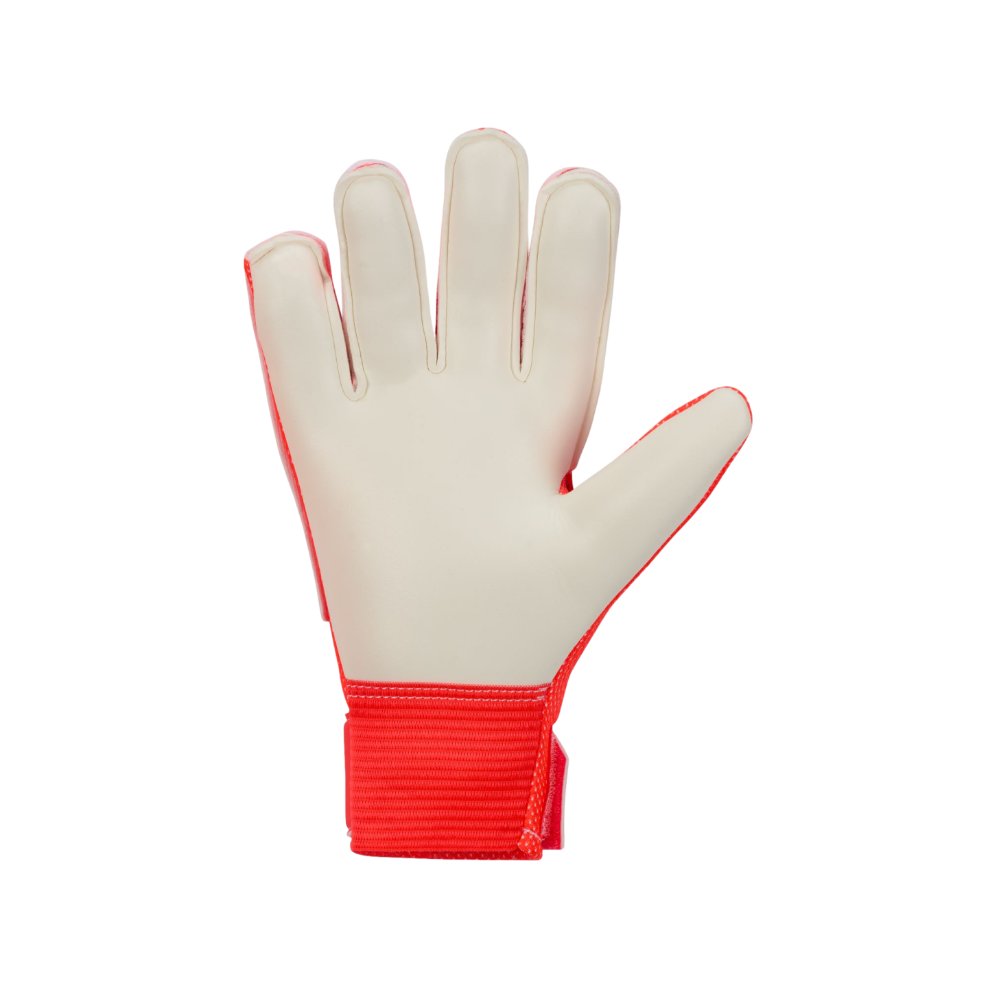 Goalkeeper glove with an off-white palm and red wrist strap, isolated on a black background.