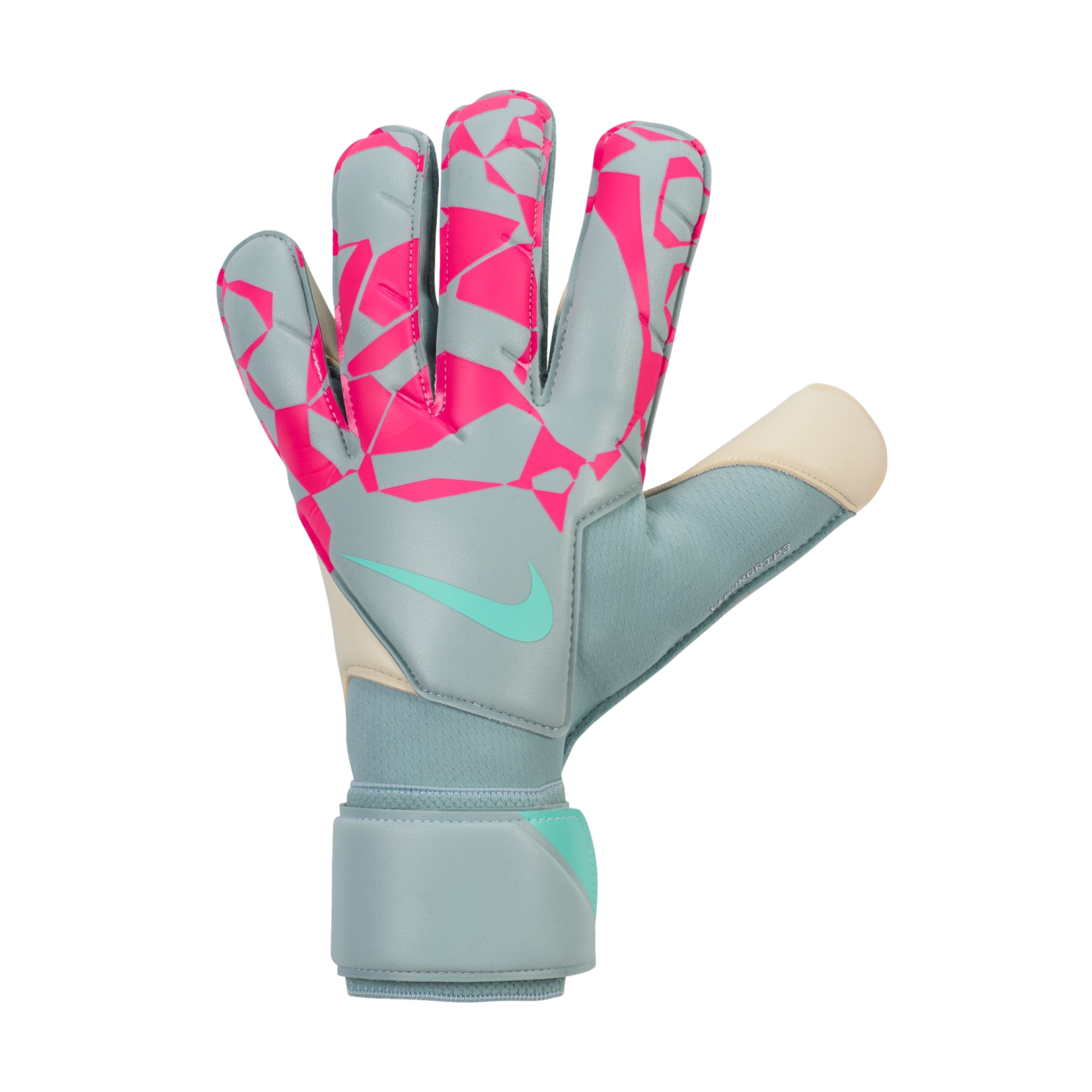 A Nike goalkeeper glove featuring a grey base with vibrant pink geometric patterns and a teal swoosh logo on the back of the hand.