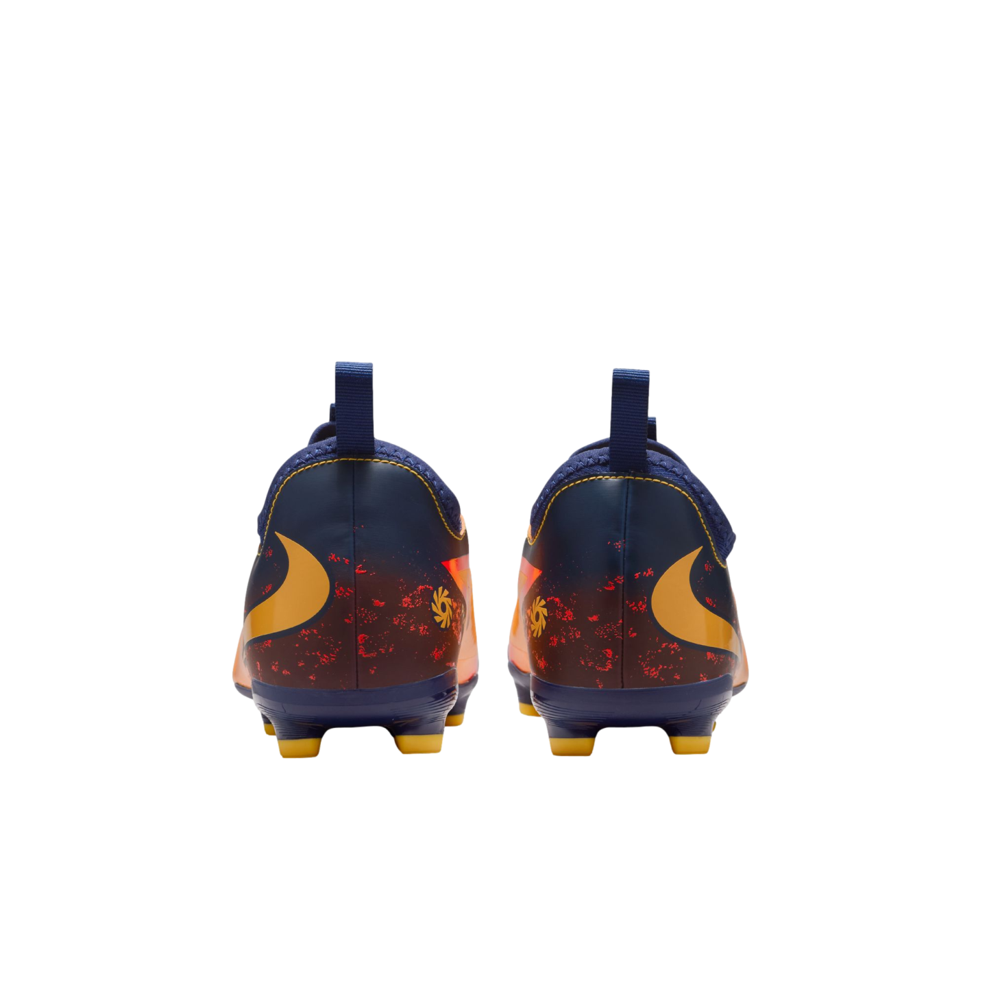 Rear view of two dark blue and orange soccer cleats with yellow swoosh logos and yellow studs against a black background.