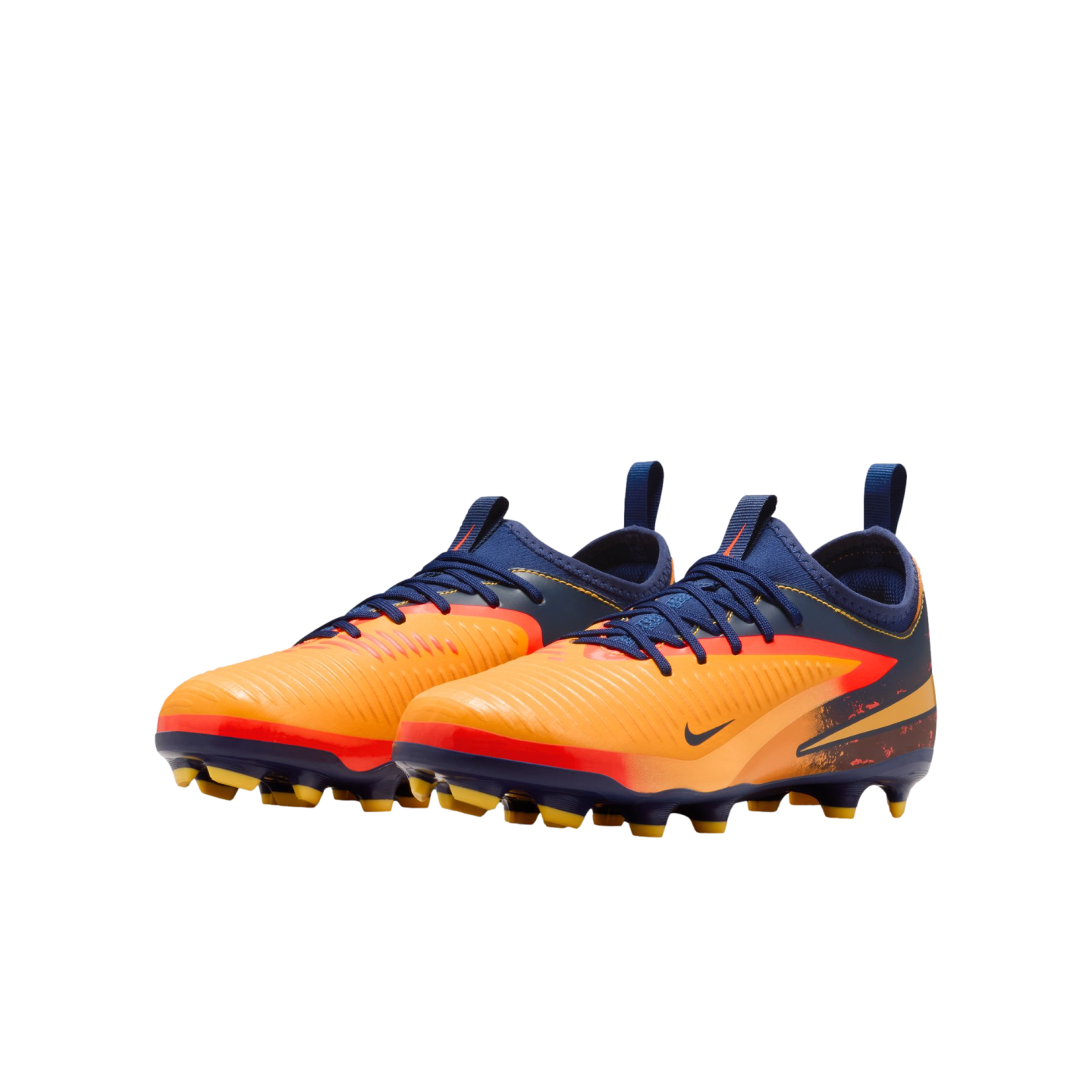 Pair of orange and navy Nike soccer cleats with yellow studs, shown against a solid black background.