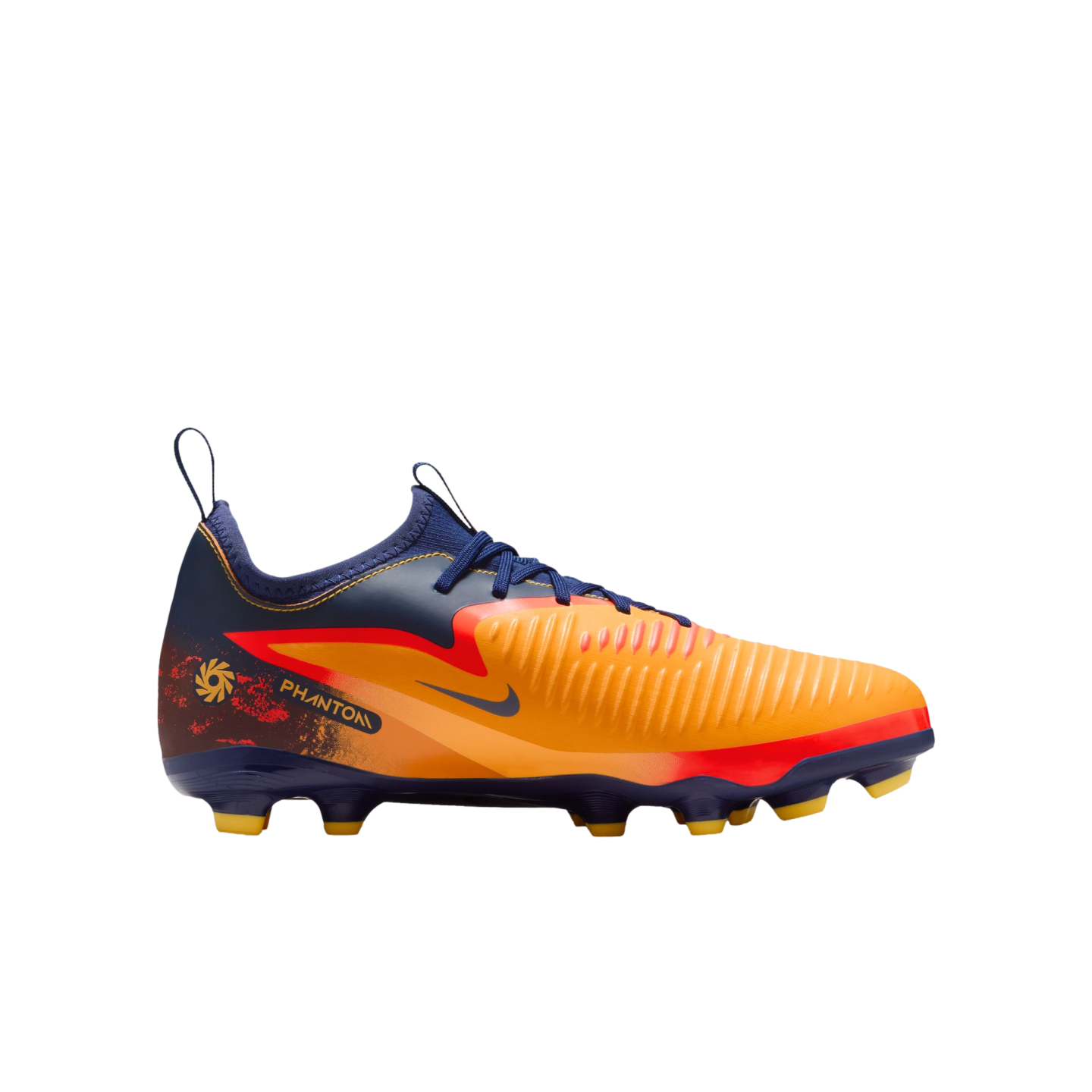 Nike Phantom soccer cleat in orange and navy blue with red accents. Features a ridged upper, navy sock-like collar, and yellow studs on a black background.