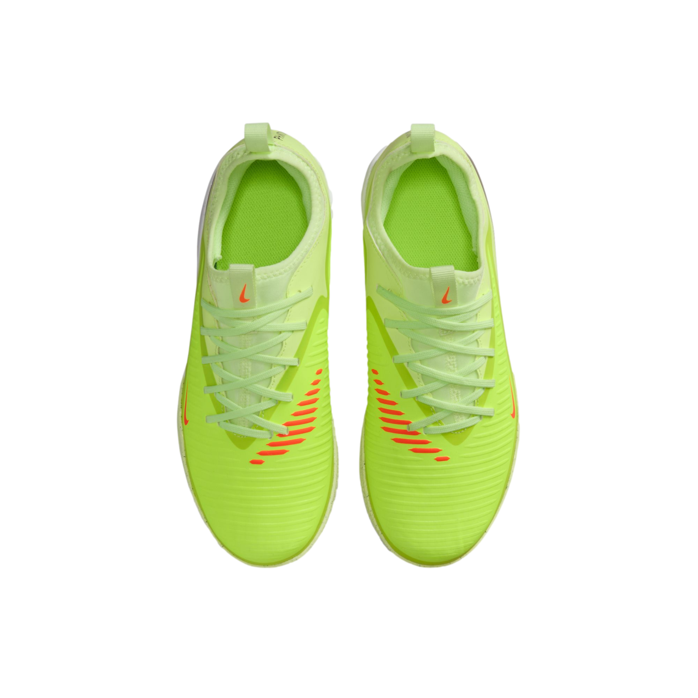 Top-down view of a pair of lime green Nike athletic shoes with bright orange swooshes and accents, set against a solid black background.