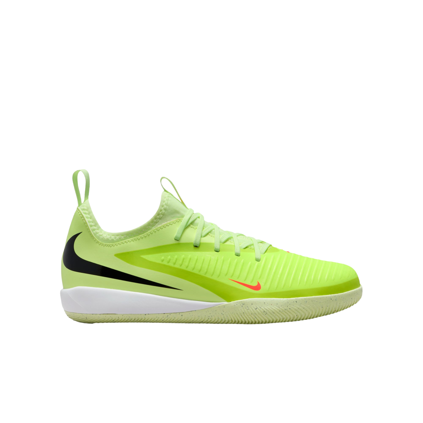 A neon green Nike indoor soccer shoe with a large black swoosh on the heel and small orange swoosh near the toe. It features a white midsole and is set against a black background.