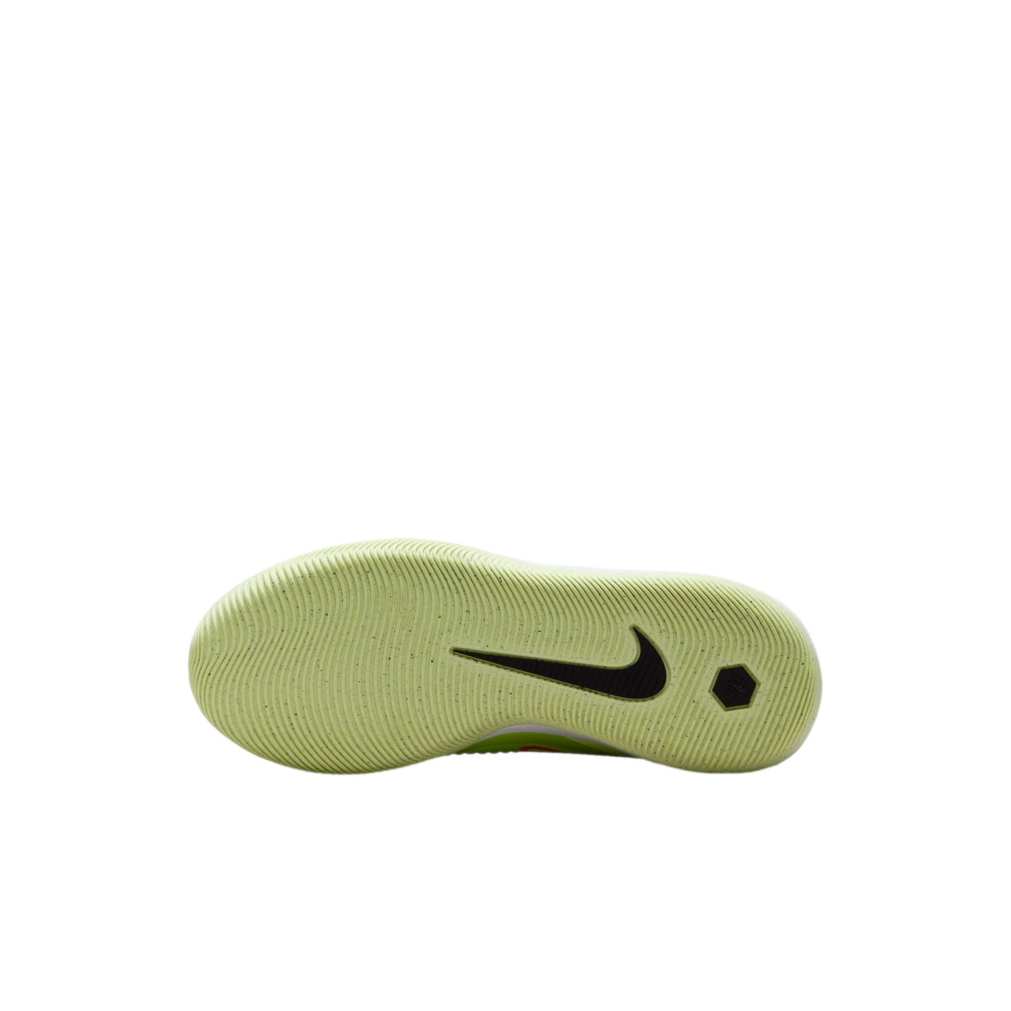 Bottom sole of a lime green Nike shoe with wavy tread and a black swoosh, centered on a black background.