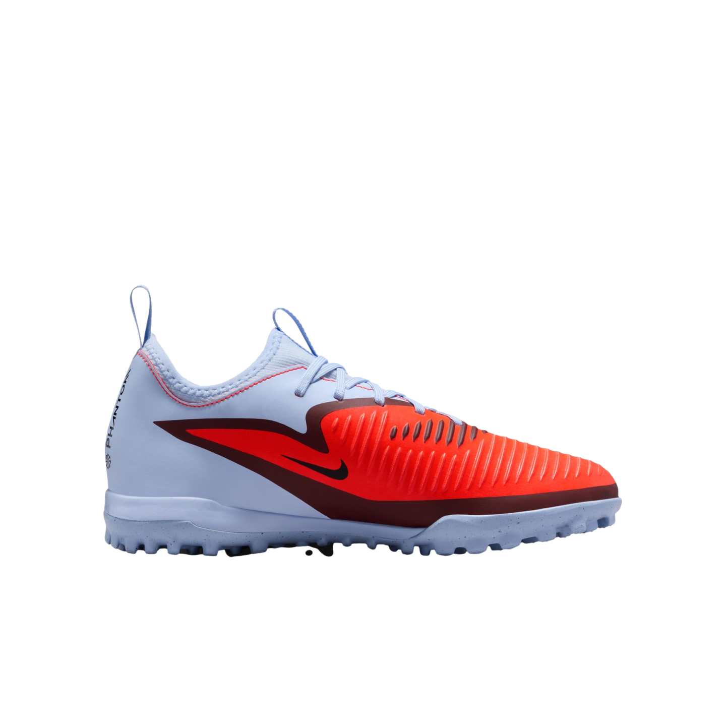Side view of a light blue and bright orange Nike Phantom turf soccer shoe with a ribbed forefoot and dark red accents, shown against a solid black background.