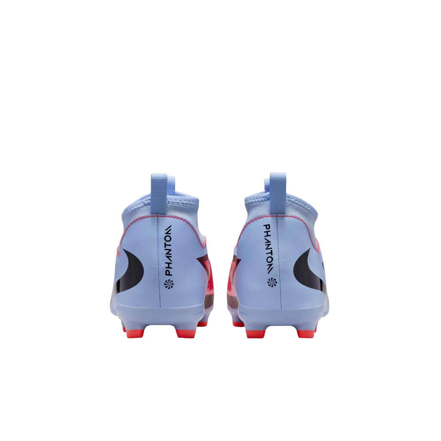 Rear view of light blue Nike Phantom soccer boots with red studs and black branding, shown against a solid black background.