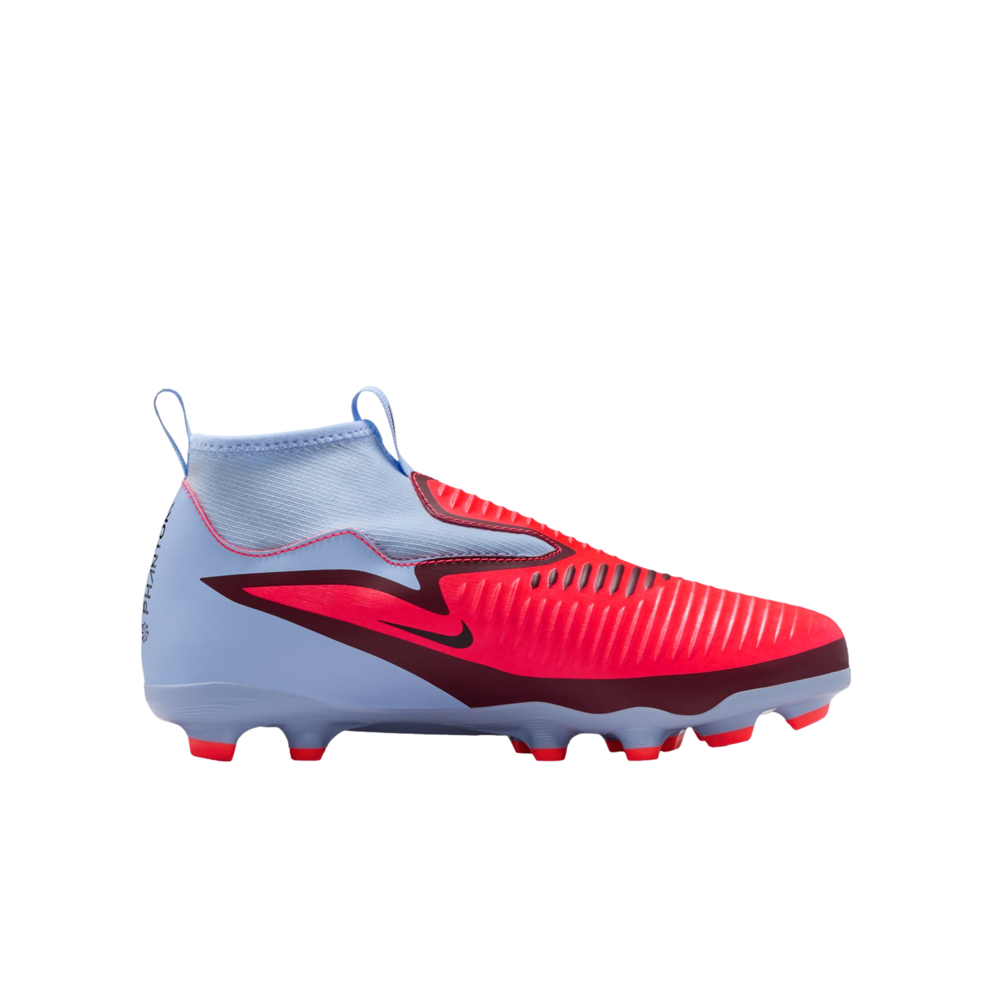 A light blue and vibrant red Nike Phantom soccer cleat featuring a laceless, high-collar design and a textured upper against a black background.