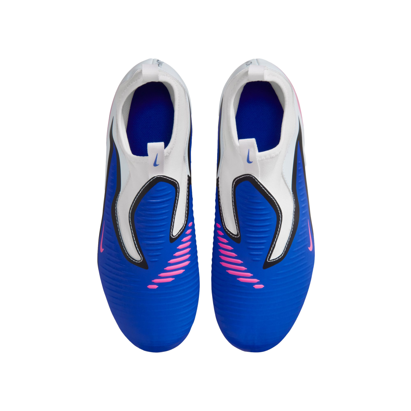 Top-down view of blue and white laceless Nike soccer shoes with pink accents on a black background.
