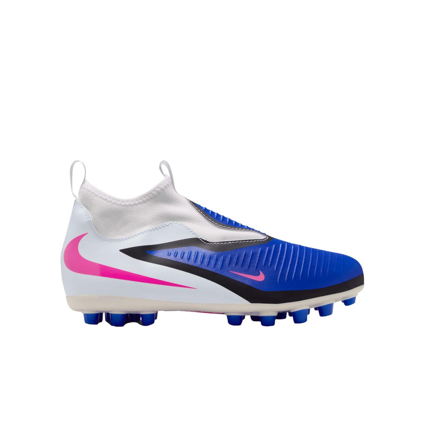 Side view of a white and blue laceless Nike soccer cleat with pink swoosh accents and black detailing, set against a black background.