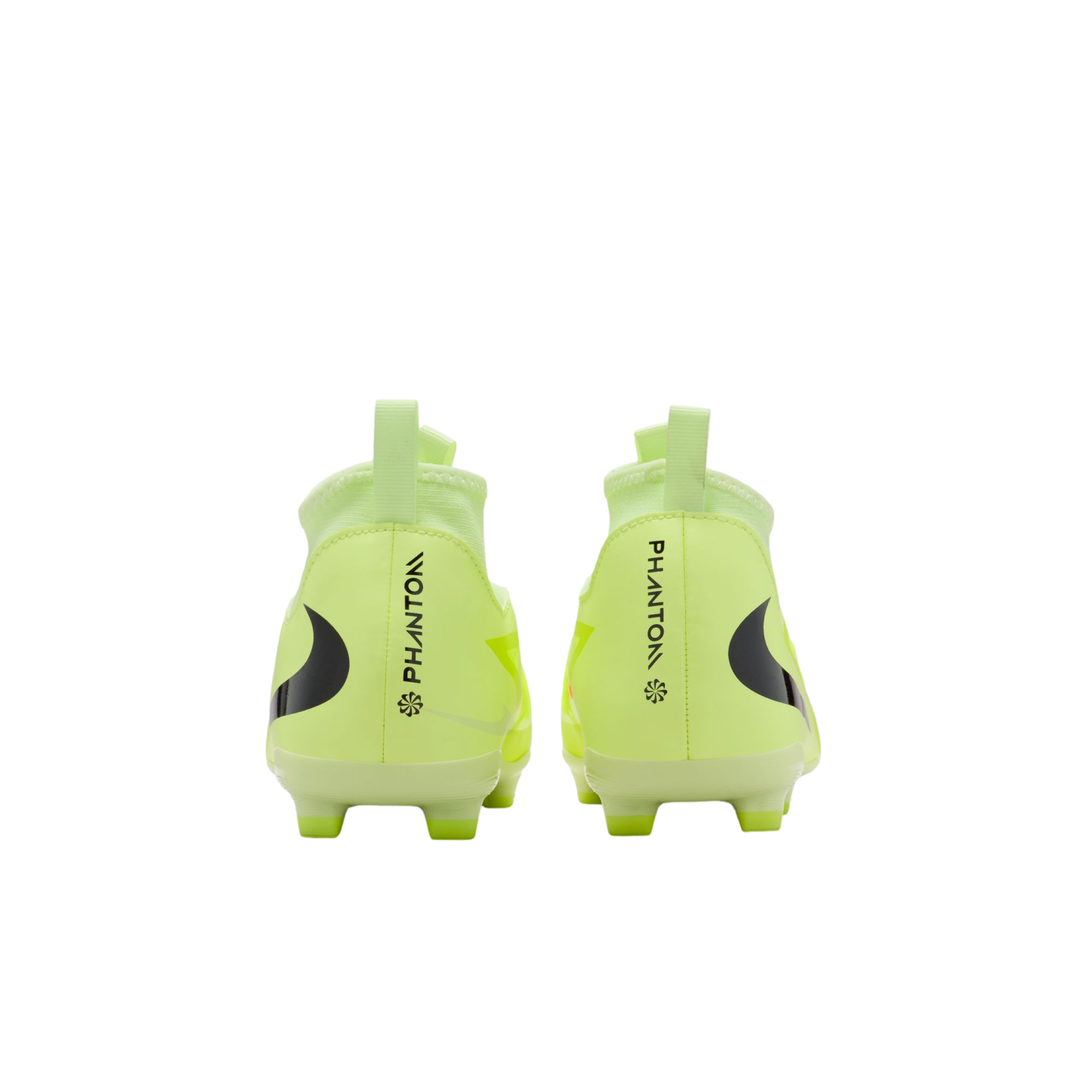 Rear view of bright neon yellow Nike Phantom soccer cleats against a black background.