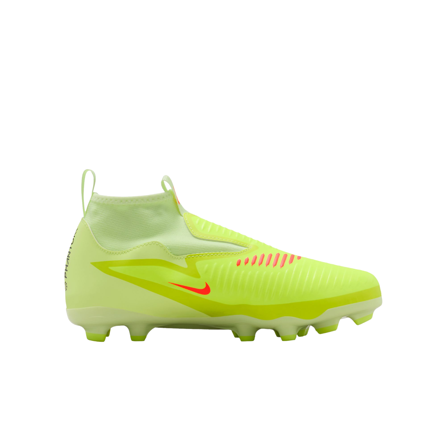 Side view of a bright yellow Nike Phantom soccer cleat with a sock-like collar and small red swoosh against a solid black background.