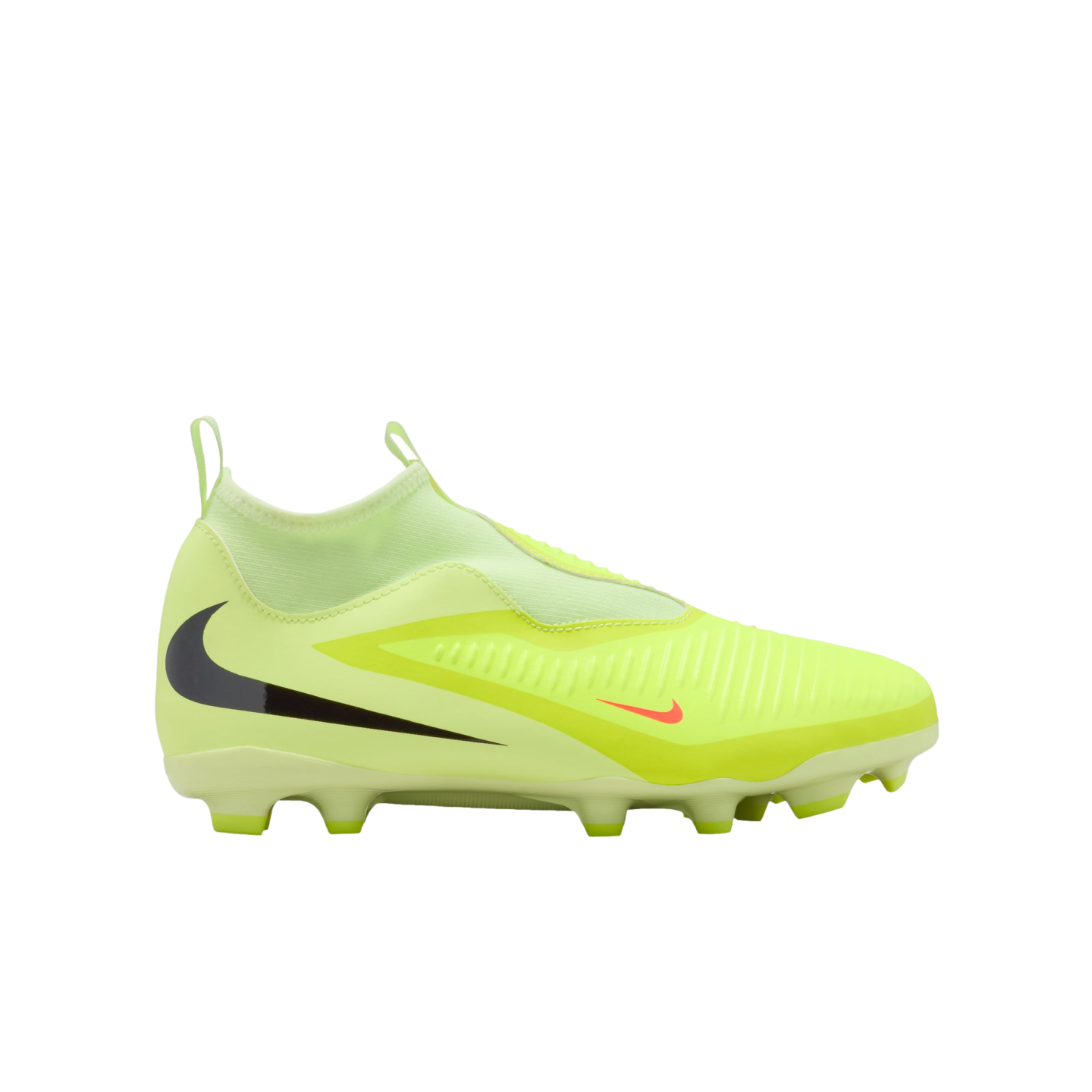 A neon yellow laceless Nike soccer cleat with a black swoosh on the heel and a small orange swoosh on the side. Features an integrated ankle collar and molded studs.